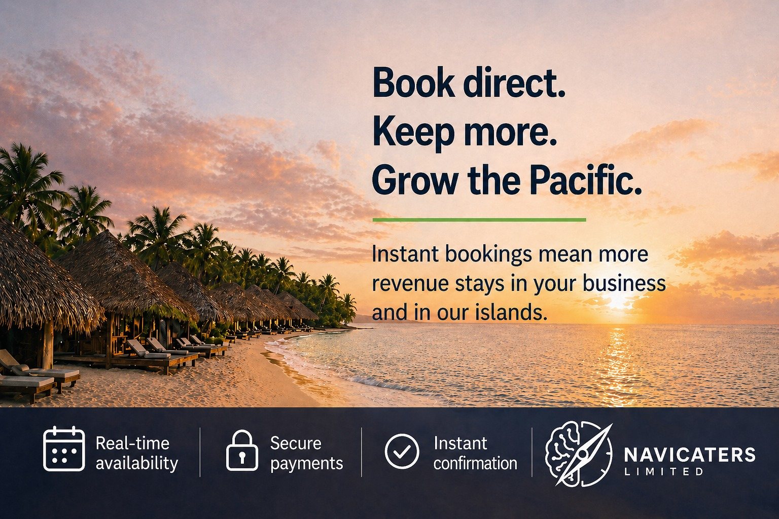 Book direct. Keep more. Grow the Pacific. — Real-time availability, secure payments, instant confirmation. Navicaters Limited.