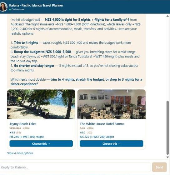 Kalena's AI Trip Concierge working through a family's budget and proposing bookable stays — on the platform built and owned by Navicaters Limited